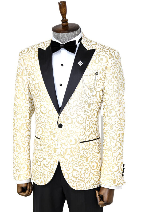 WSS Gold Scroll Patterned Over White Men Prom Blazer  - Singen