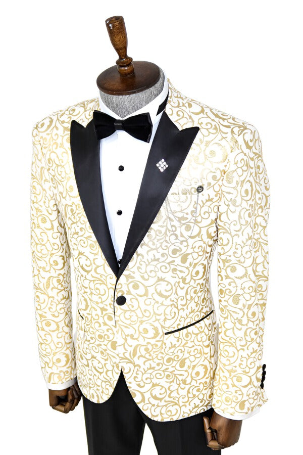 WSS Gold Scroll Patterned Over White Men Prom Blazer  - Singen