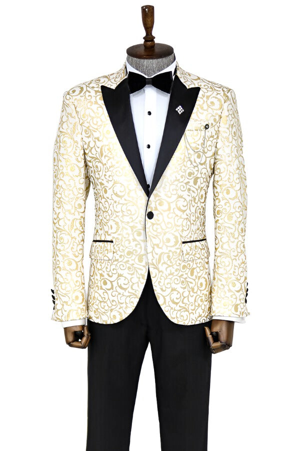 WSS Gold Scroll Patterned Over White Men Prom Blazer  - Singen