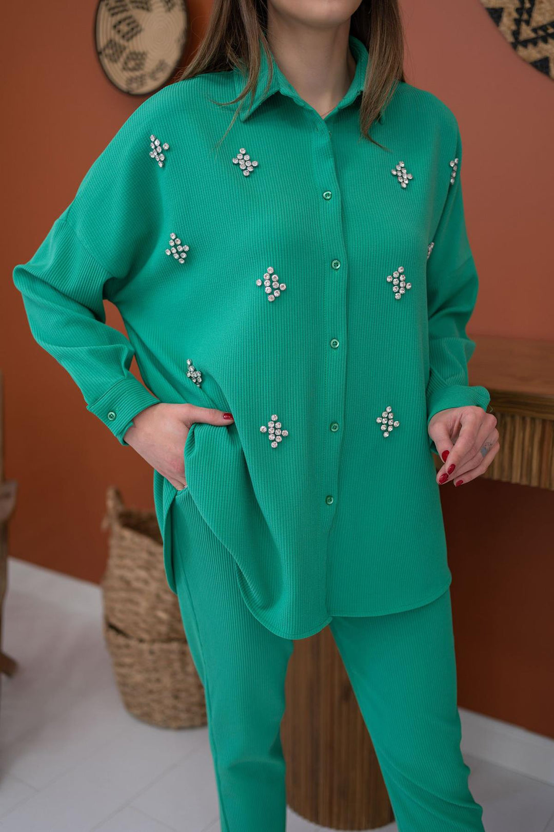 ELS Shirt with Stoned Threaded Set - Green - Taranto