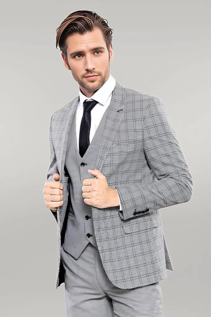 WSS Grey Plaid Vested Men's Suit  - Singen