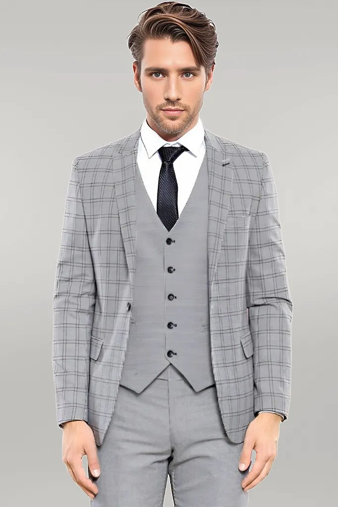 WSS Grey Plaid Vested Men's Suit  - Singen