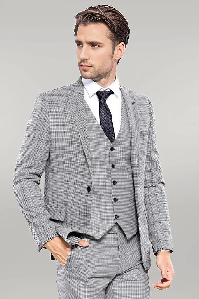 WSS Grey Plaid Vested Men's Suit  - Singen