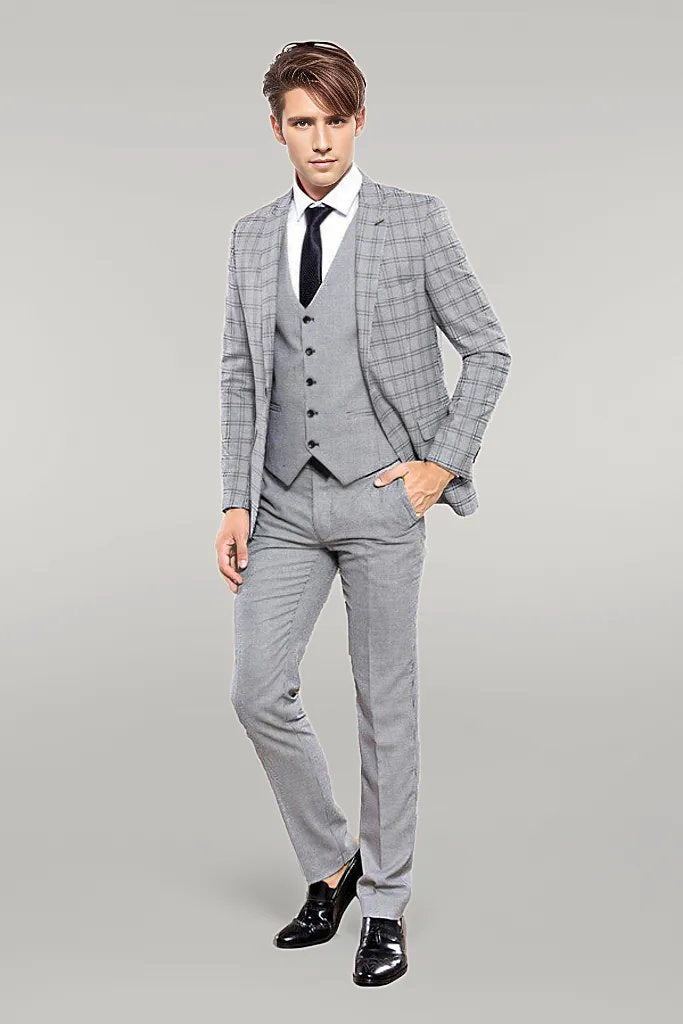 WSS Grey Plaid Vested Men's Suit  - Singen