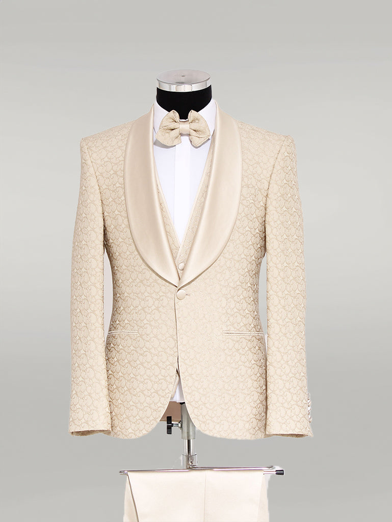 WSS 3-Piece Textured Satin Lapel Champagne Men's Tuxedo with Bow Tie - Singen