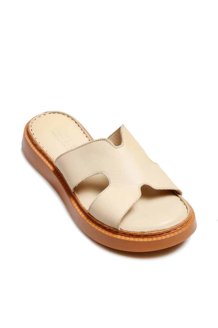 FST Genuine Leather Women's Flat Slippers 621ZA858 Beige - Amiens