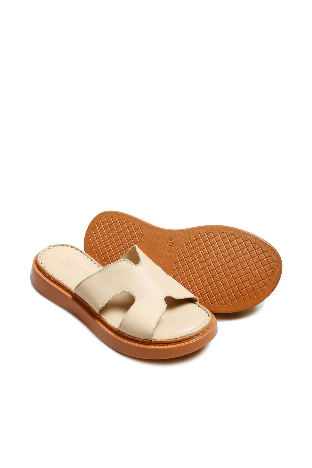 FST Genuine Leather Women's Flat Slippers 621ZA858 Beige - Amiens