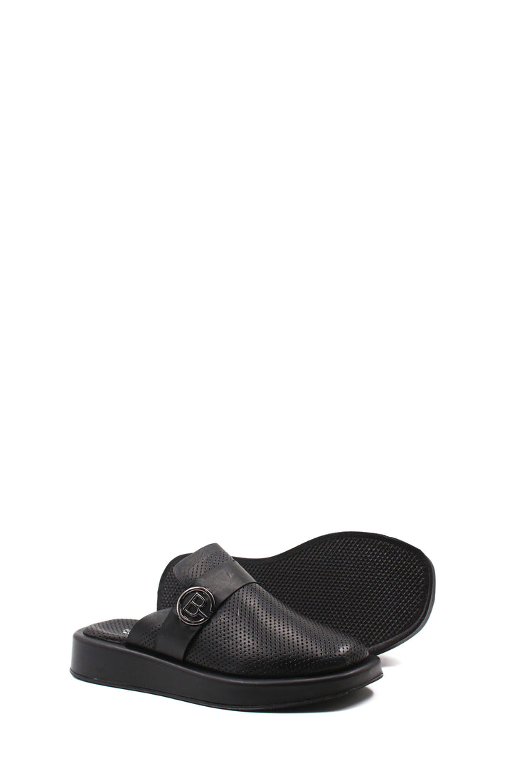 FST Genuine Leather Women's Flat Slippers 710ZA298 Black - Soest