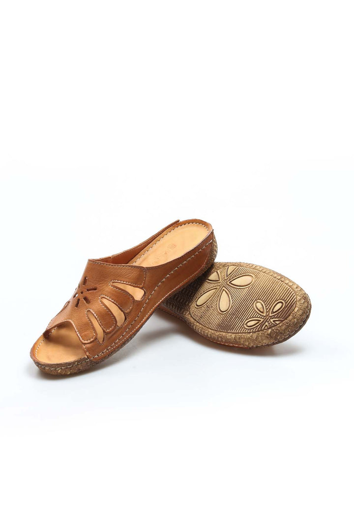 FST Genuine Leather Women's Flat Slippers 763ZA03 Brown - San Marcos