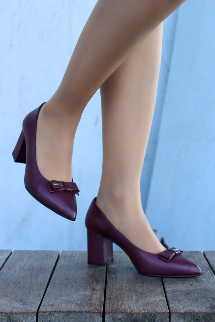 FST Genuine Leather Women's Thick Heeled Shoes 019ZA8069 Burgundy - Winter Haven