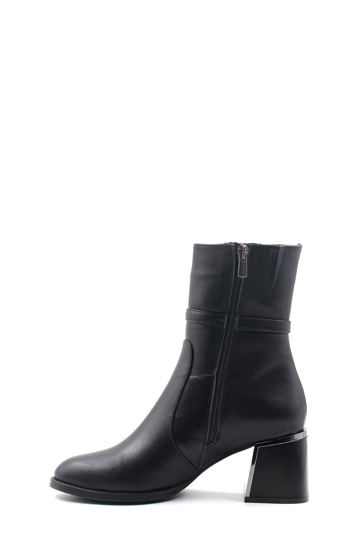 FST Genuine Leather Women's Thick Heeled Boot 064SZA260 Black - Mansfield