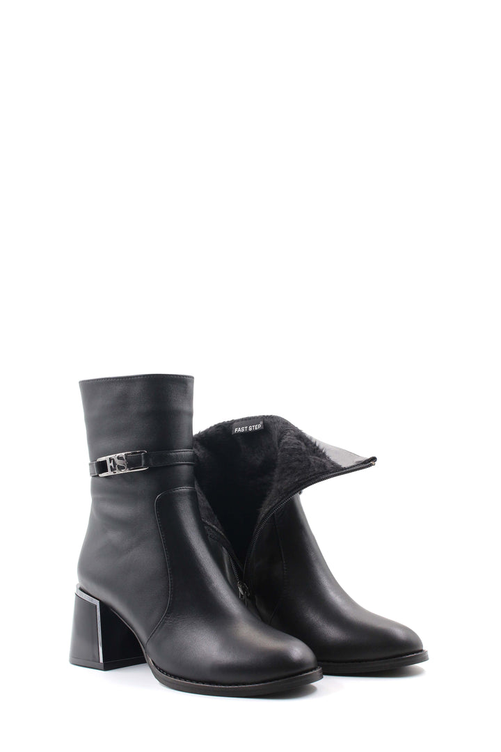 FST Genuine Leather Women's Thick Heeled Boot 064SZA260 Black - Mansfield