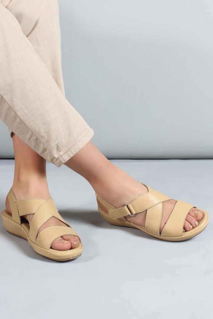 FST Genuine Leather Women's Classic Sandal 864ZAR05 Beige - Coram