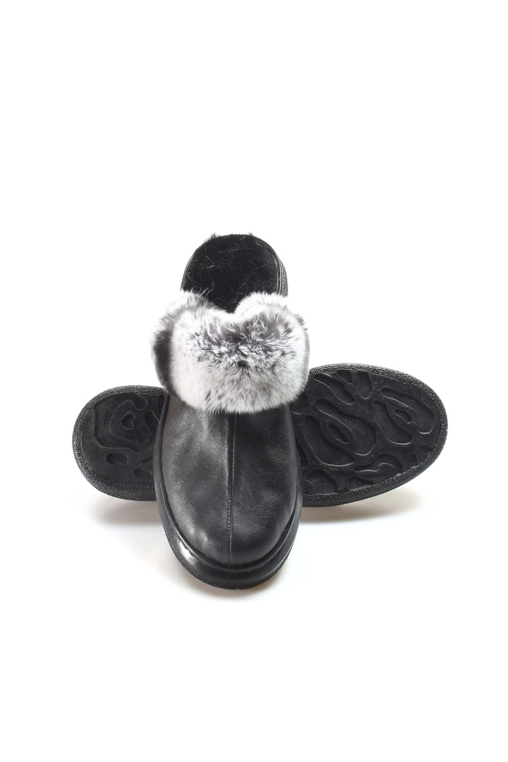 FST Genuine Leather Fur-lined Women's House Slippers 733ZA001 Black - Chystiakove