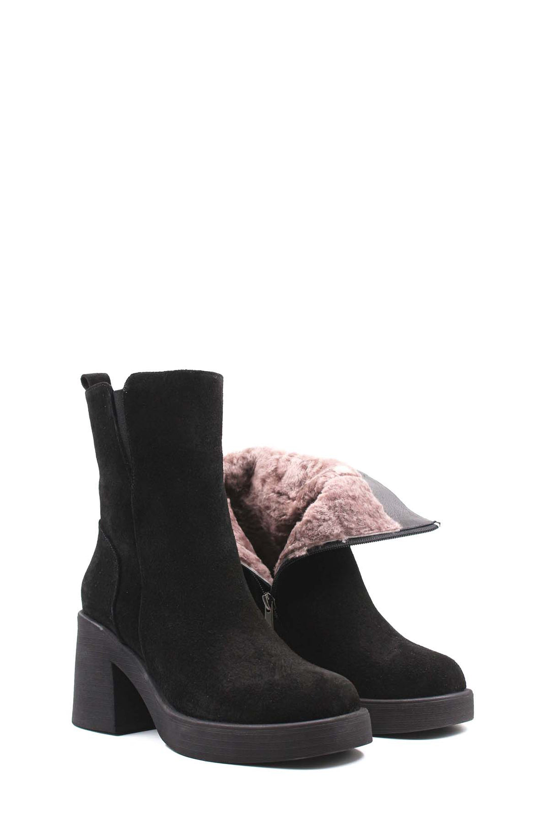 FST Genuine Leather Fur-Lined Women's Chunky Heel Boot 408KZA0657-03 Black Suede - Lehigh Acres