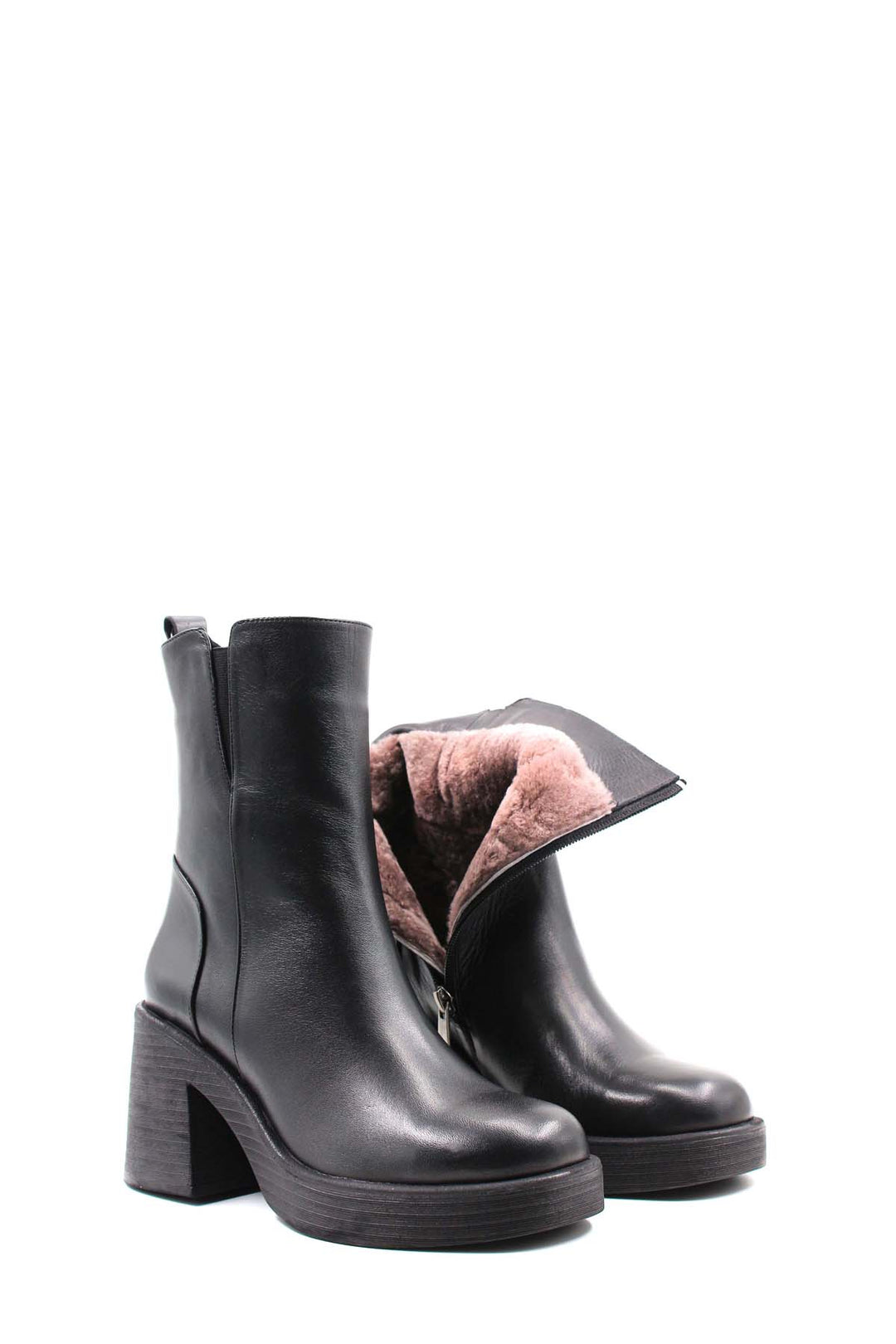 FST Genuine Leather Fur-Lined Women's Chunky Heel Boot 408KZA0657-03 Black - Colchester