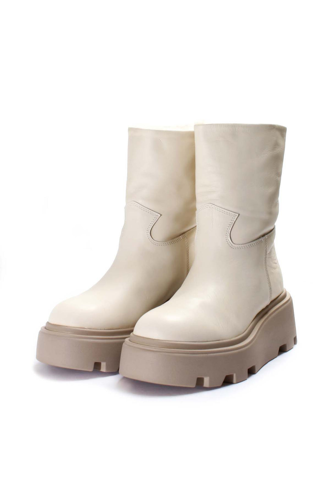 FST Genuine Leather Fur-Lined Women's Classic Boot 009KZA0634 Beige - Bragadiru