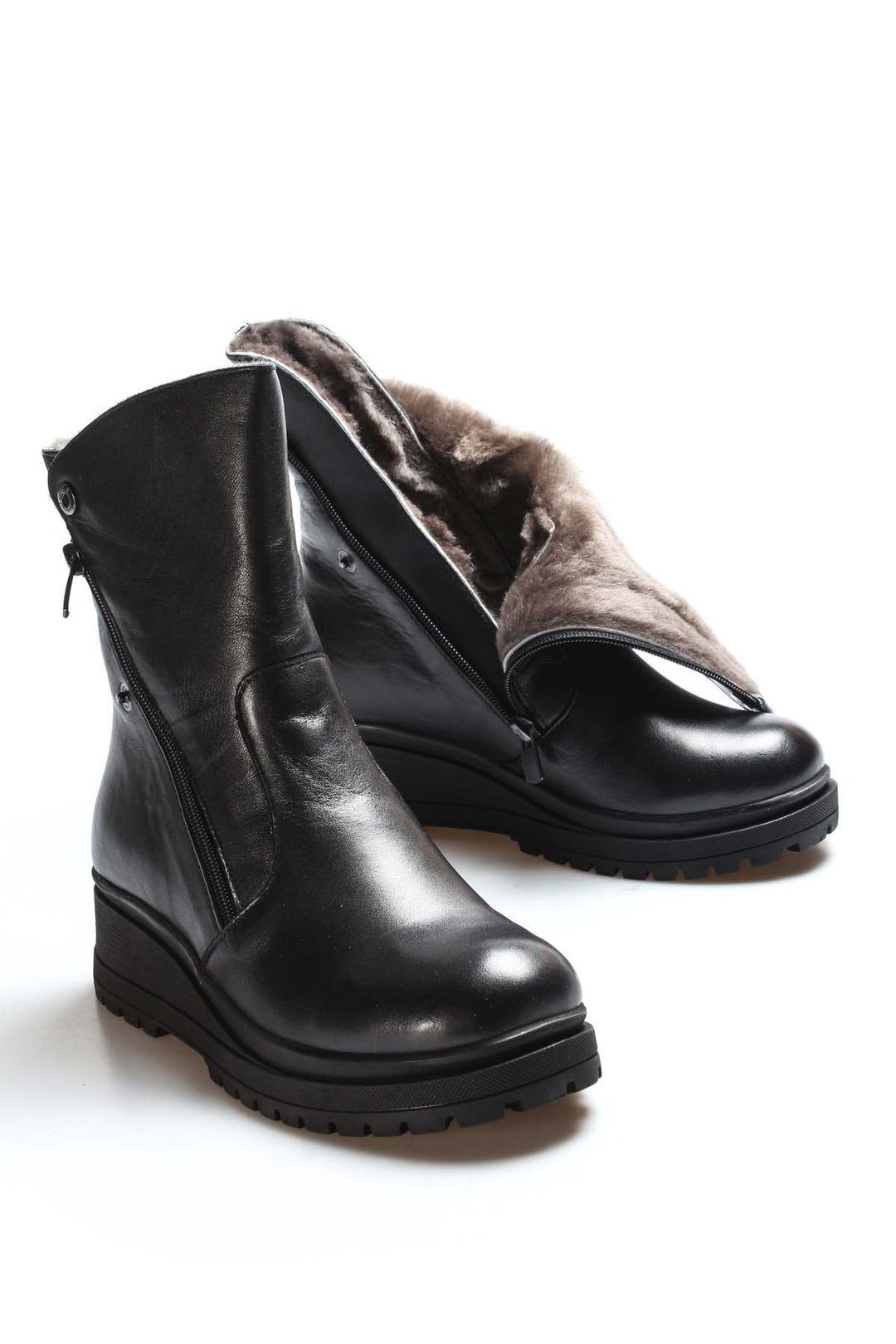 FST Genuine Leather Fur-Lined Women's Classic Boot 757KZA2603 Black - Lecce