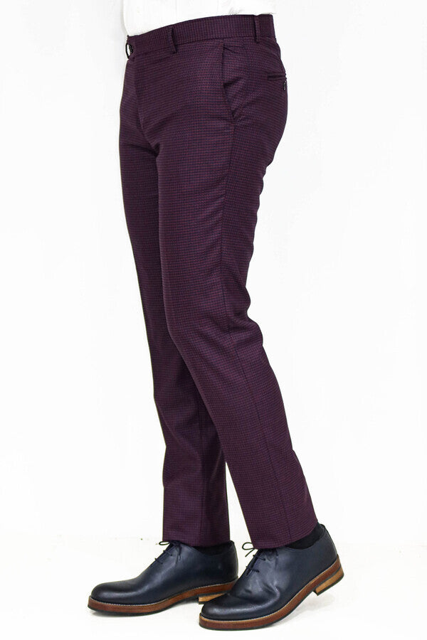 WSS Houndstooth Patterned Burgundy Men Pants  - Singen