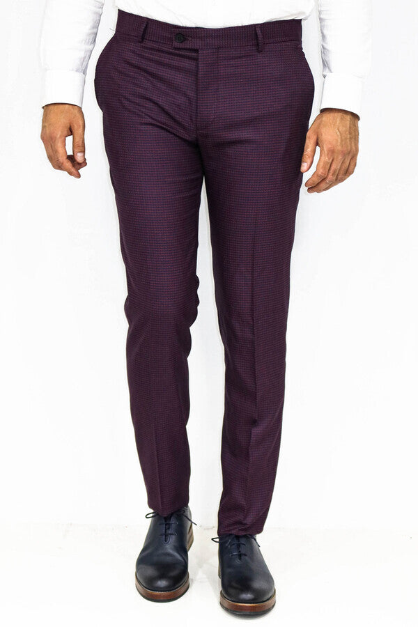 WSS Houndstooth Patterned Burgundy Men Pants  - Singen