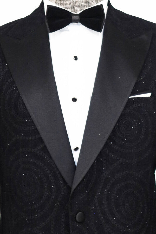 WSS Hypnose Pattern Peak Lapel Slim Fit Black Men Prom Blazer  - Singen