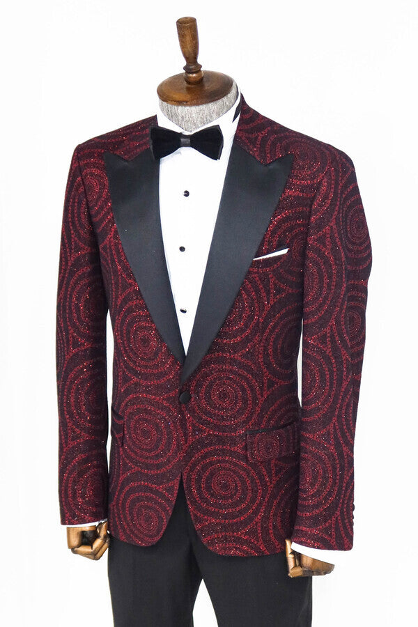 WSS Hypnose Pattern Peak Lapel Slim Fit Burgundy Men Prom Blazer - Singen