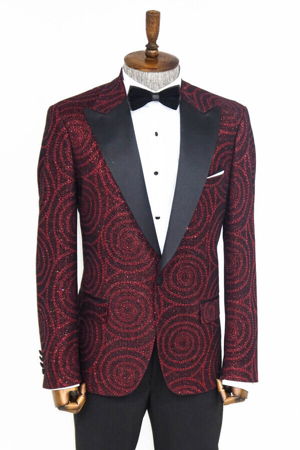 WSS Hypnose Pattern Peak Lapel Slim Fit Burgundy Men Prom Blazer - Singen