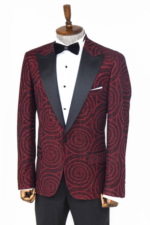 WSS Hypnose Pattern Peak Lapel Slim Fit Burgundy Men Prom Blazer - Singen