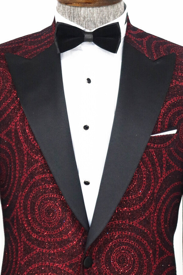 WSS Hypnose Pattern Peak Lapel Slim Fit Burgundy Men Prom Blazer - Singen