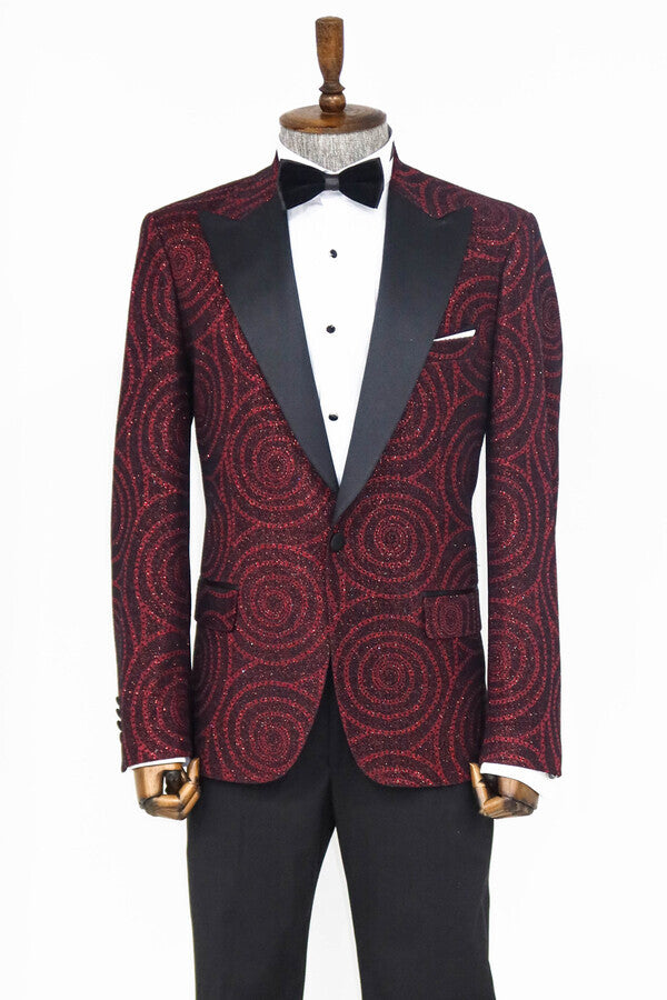 WSS Hypnose Pattern Peak Lapel Slim Fit Burgundy Men Prom Blazer - Singen