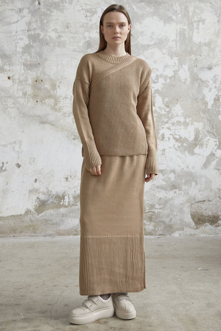 MDS Women Knitted Dress with Belted Sweater - Beige - Herne Bay