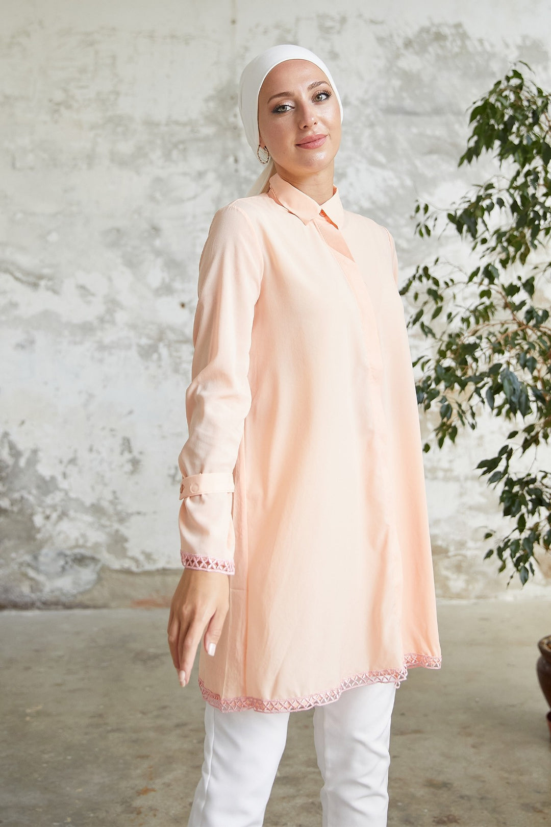 MDS Women Button Detailed Shirt with Tied Wrist - Salmon - Erkrath