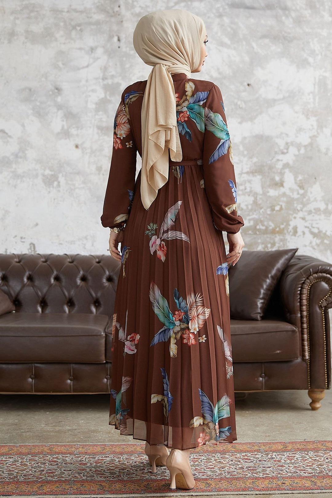 MDS Women Ares Bird Feather Pattern Chiffon Dress - Bitter Coffee - Dewsbury