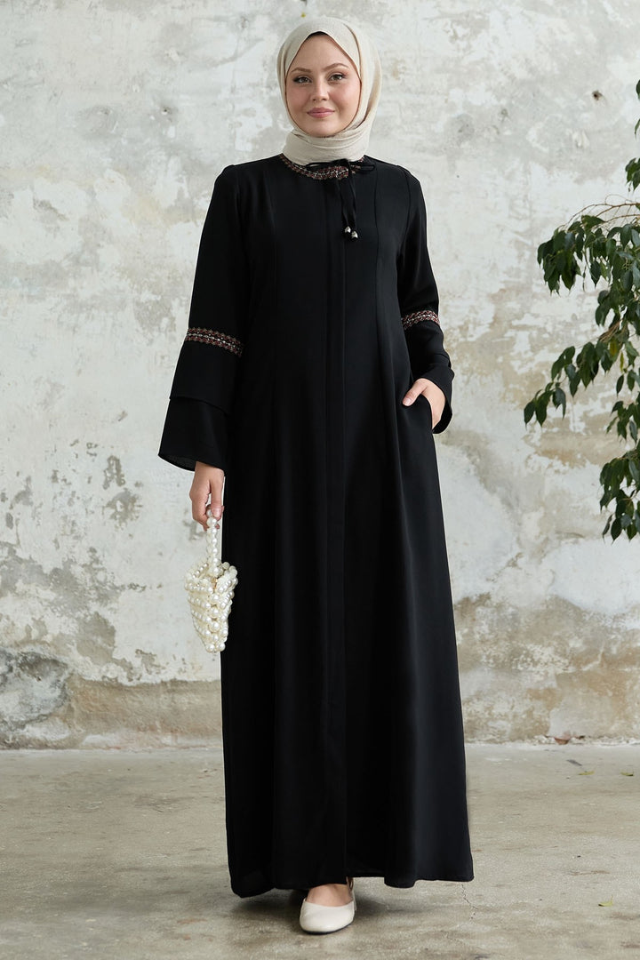 MDS Women Black Abaya with Lace Detail Embroidery - Stouffville