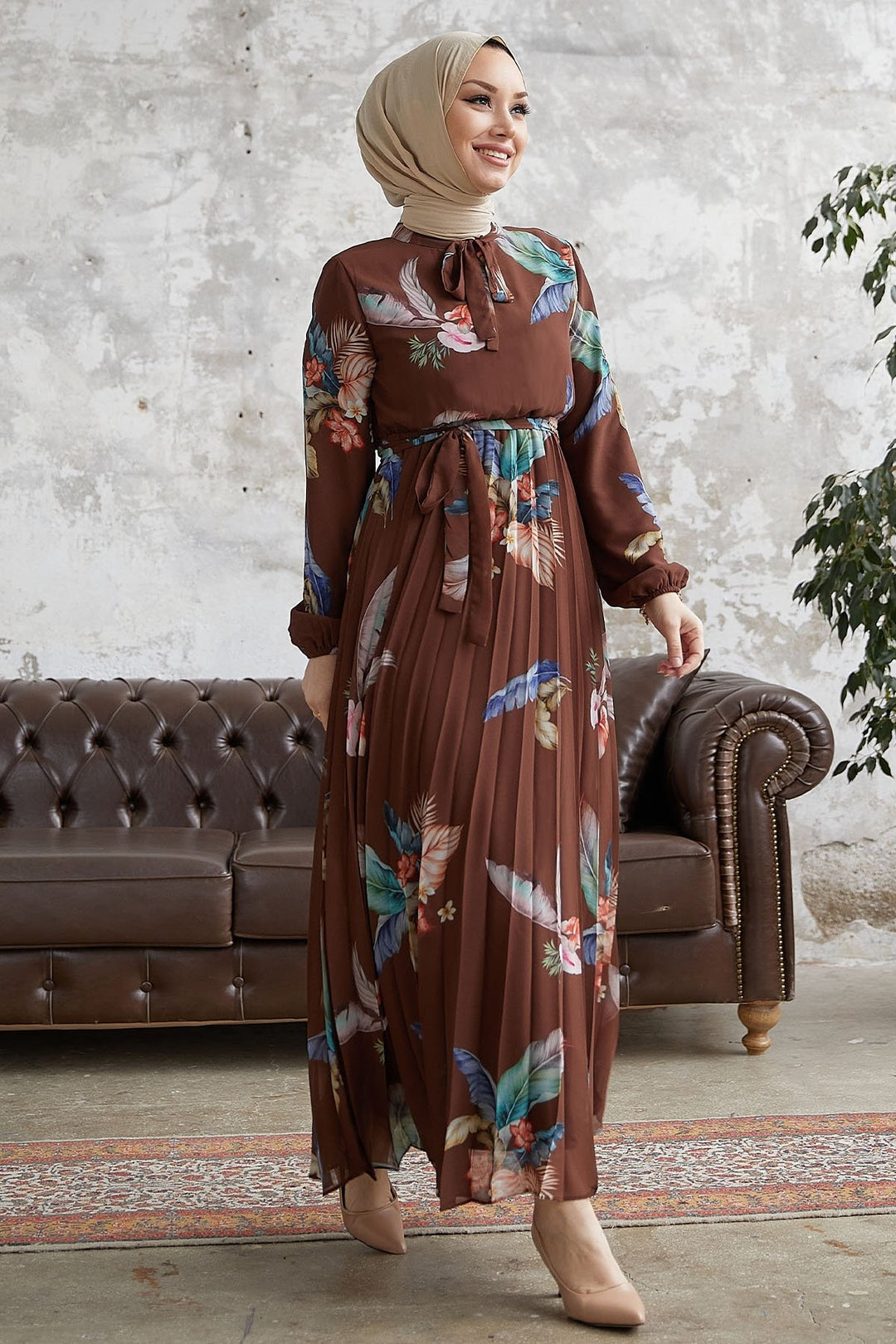 MDS Women Ares Bird Feather Pattern Chiffon Dress - Bitter Coffee - Dewsbury