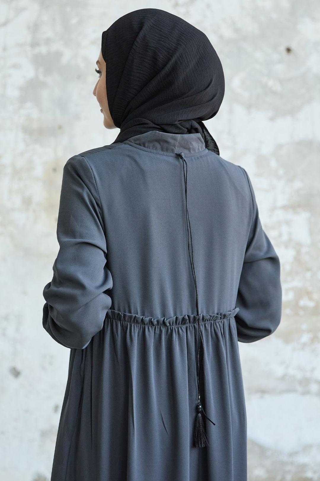 MDS Women Back Tassel Detail Ruched Anthracite Abaya - Medford