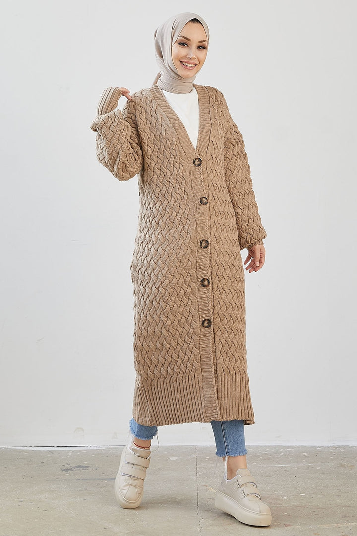 MDS Women Arene Long Braided Buttoned Cardigan - Camel - Marcq-en-Baroeul