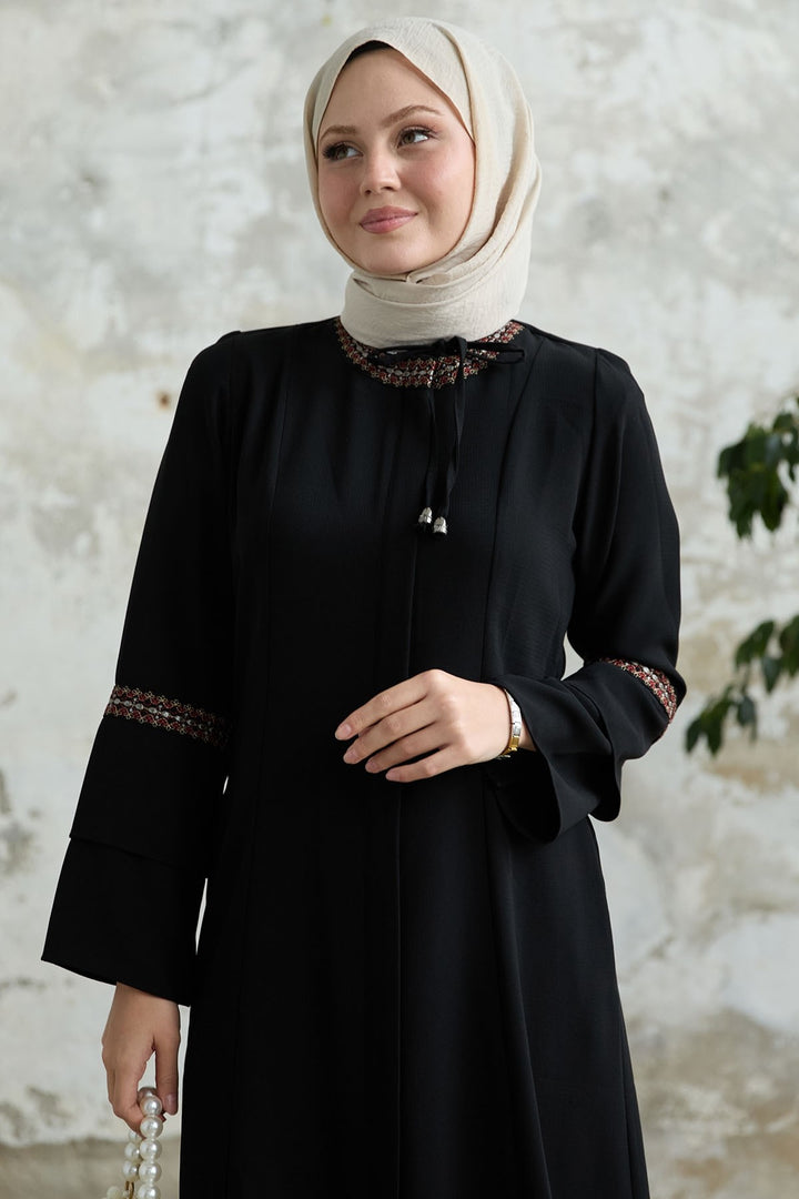 MDS Women Black Abaya with Lace Detail Embroidery - Stouffville