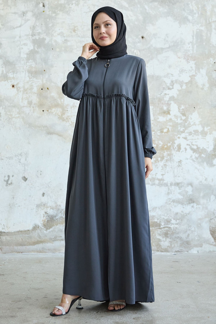 MDS Women Back Tassel Detail Ruched Anthracite Abaya - Medford