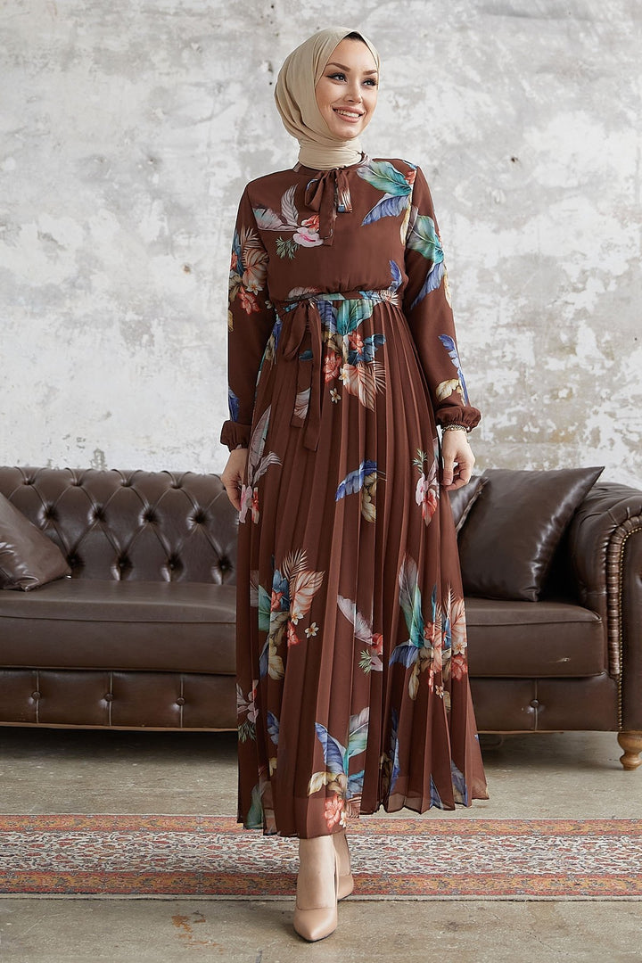 MDS Women Ares Bird Feather Pattern Chiffon Dress - Bitter Coffee - Dewsbury