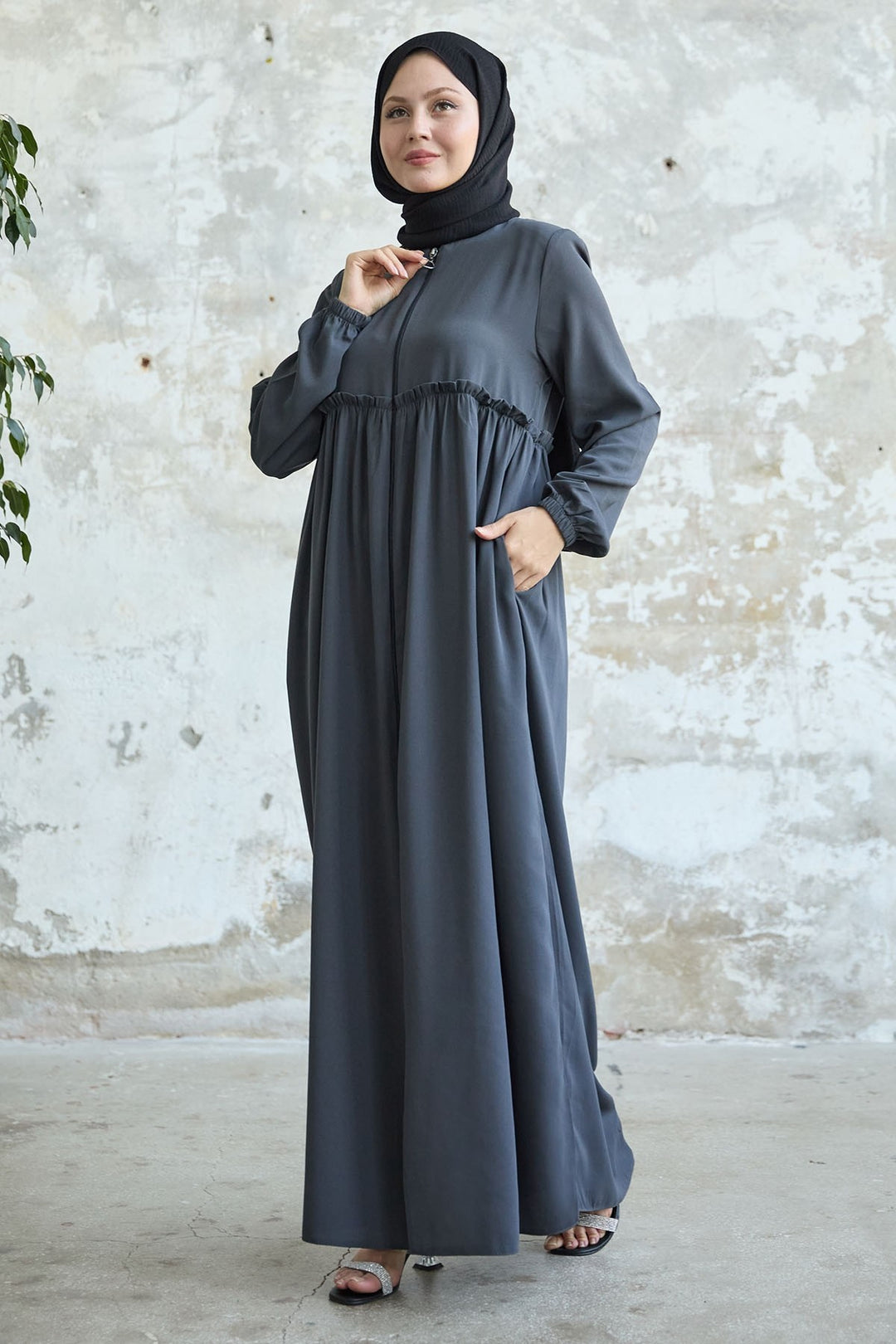 MDS Women Back Tassel Detail Ruched Anthracite Abaya - Medford