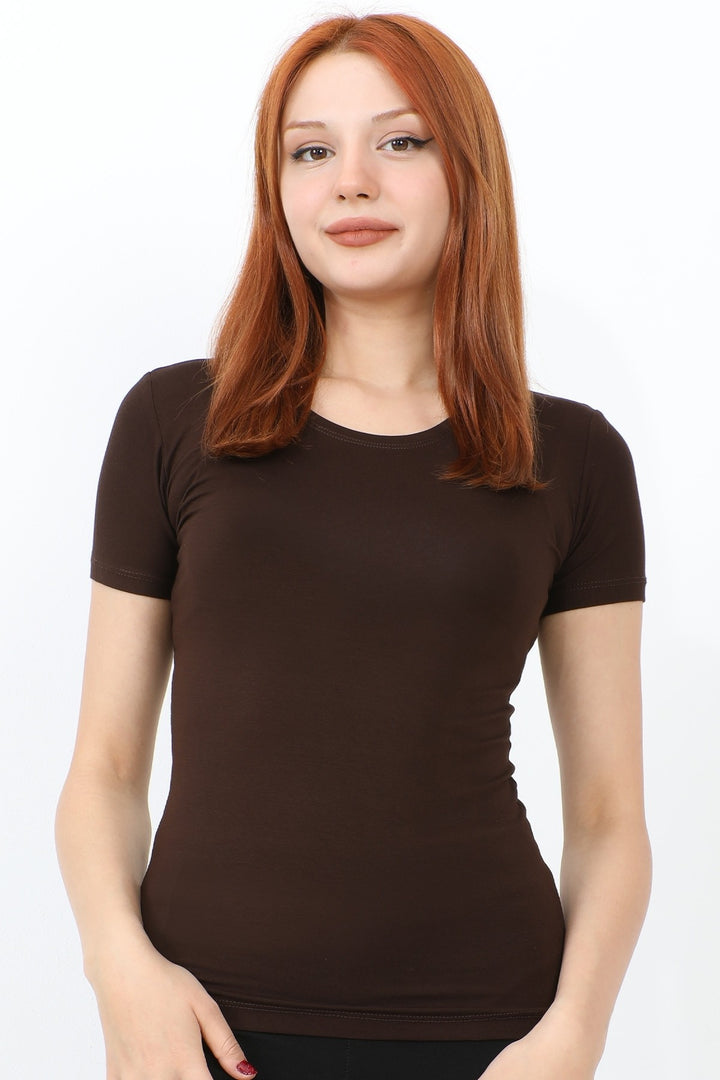 MDS Women Bicycle Collar Short Sleeve Basic T-Shirt - Dark Brown - Inver Grove Heights