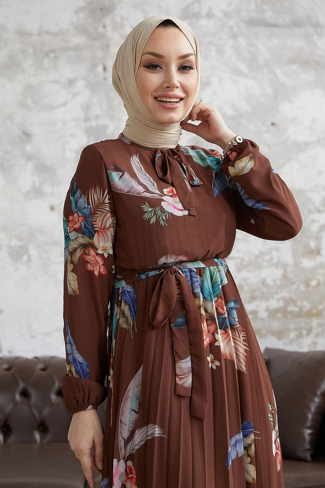 MDS Women Ares Bird Feather Pattern Chiffon Dress - Bitter Coffee - Dewsbury