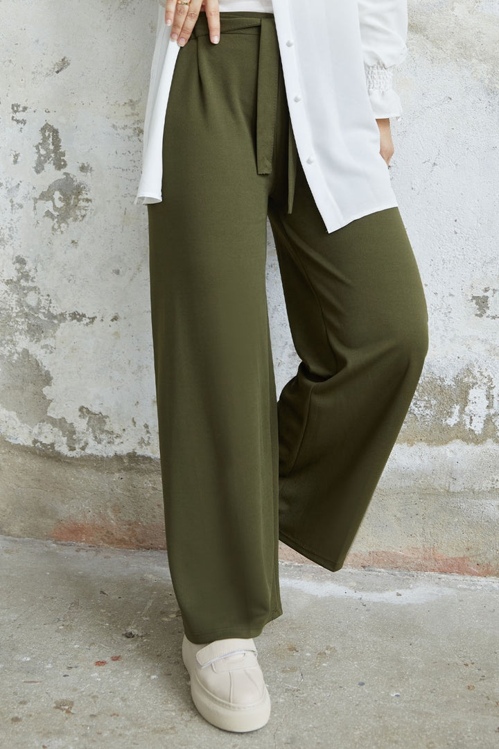 MDS Women High Waisted Wide Leg Scuba Pants - Khaki - Marsala