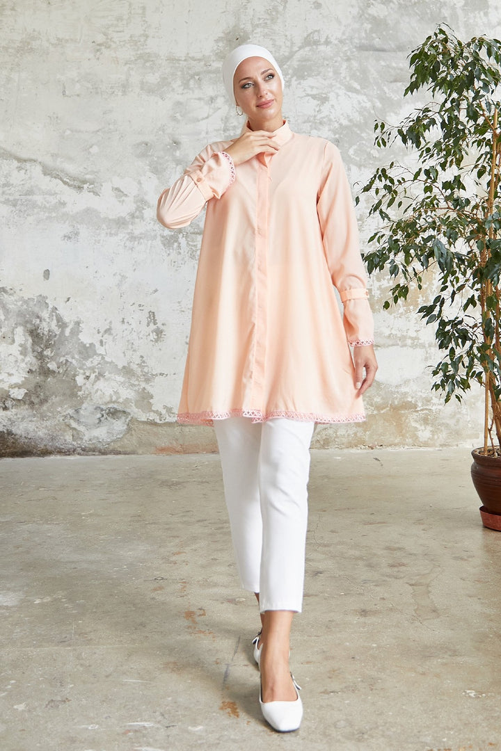 MDS Women Button Detailed Shirt with Tied Wrist - Salmon - Erkrath