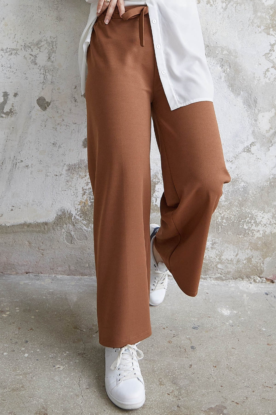 MDS Women High Waisted Wide Leg Scuba Pants - Tan - Kingston