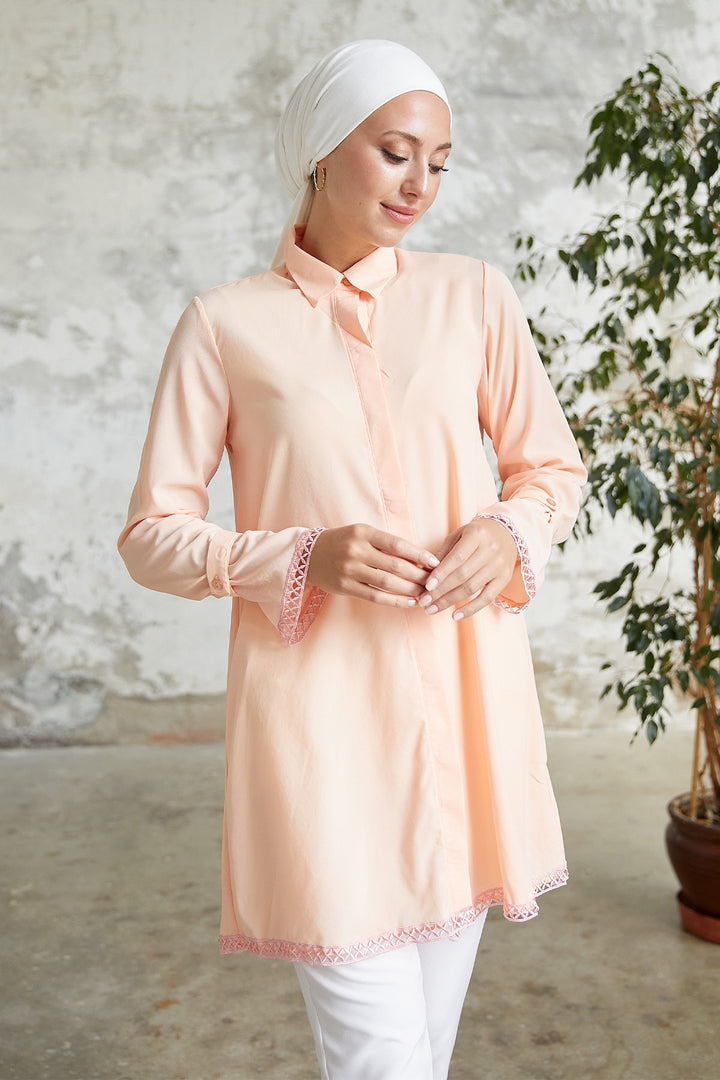 MDS Women Button Detailed Shirt with Tied Wrist - Salmon - Erkrath