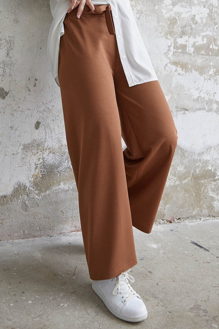 MDS Women High Waisted Wide Leg Scuba Pants - Tan - Kingston