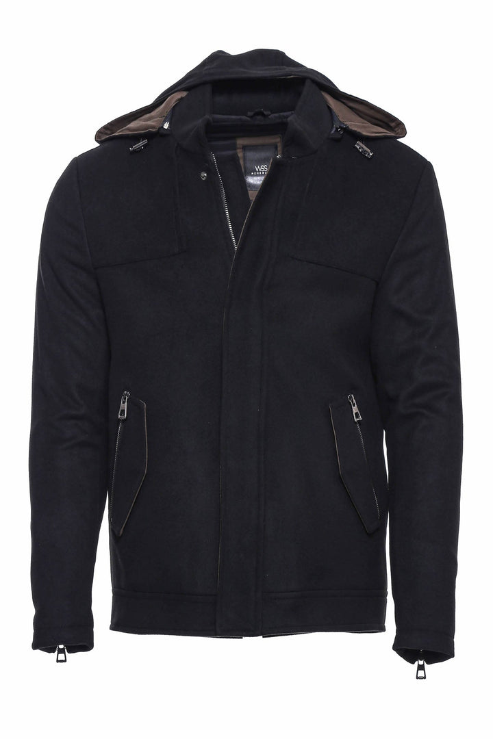 WSS Zippered Sleeve Hooded Black Men Coat  - Singen