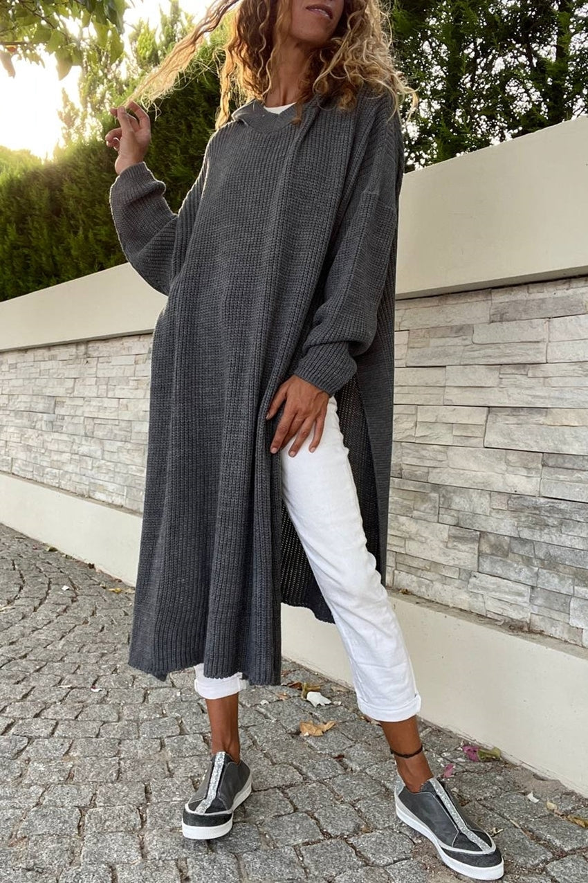 GNS Woman Anthracite Side Slit Hooded Long Baggy Tunic Sweater Cck95001 - Rome